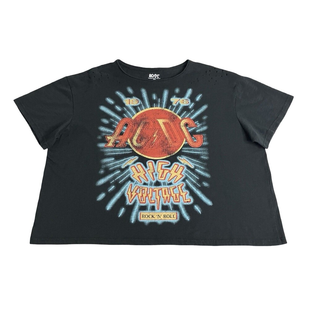 AC/DC High Voltage Shirt Womens M Black Crop Distressed Graphic Tee Retro Rock